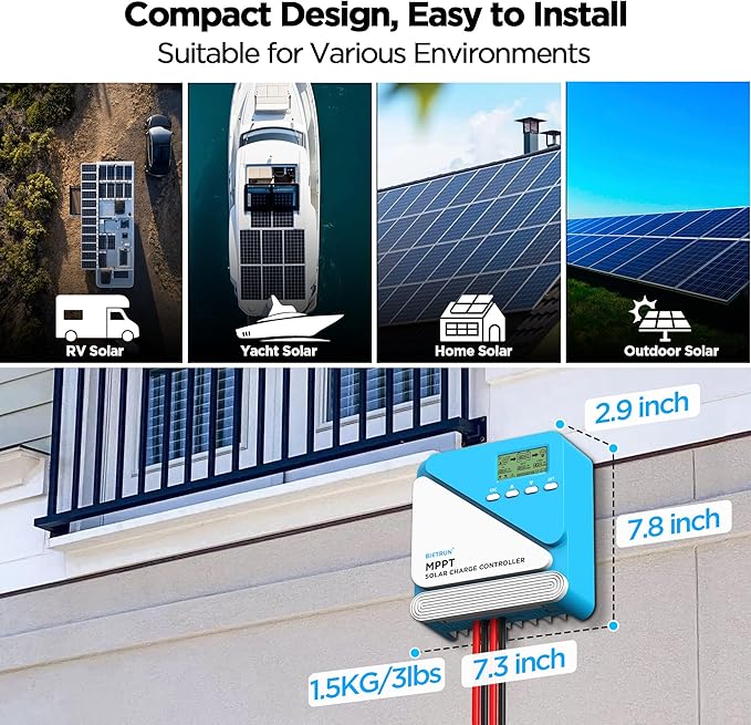 Bietrun 30A 12V/24V MPPT Solar Charge Controller with WiFi/Bluetooth APP, Max Output 360W, Max PV Input 100V, Smart Protection, for LiFePO4, SLD, Gel, FLD, AGM Battery, for Solar Off-Grid System