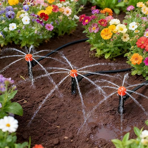 50pcs Drip Emitters for 1/4" Irrigation Tubing, Easy Connect Adjustable 360 Degree Water Flow Sprayer On 5" Stake for 4/7mm Tube Locked Drippers for Garden, Flower, Plant