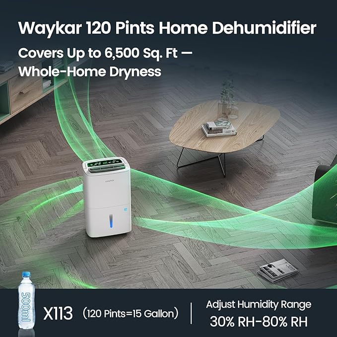 Waykar 6,500 Sq. Ft. 120 Pints 2025 Energy Star Dehumidifier for Home and Basement with Auto or Manual Drainage, Portable, Auto Defrost and Self-Drying, Ideal for Large Rooms