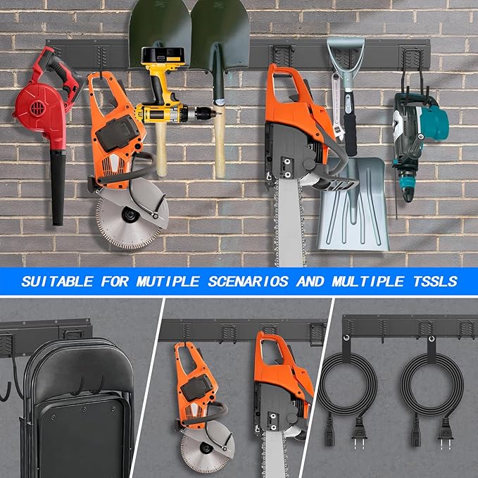 CBWLWJ Garage Tool Organizer Wall Mount, 48 inch Garage Wall Organizer, 400lbs Sturdy Garden Tool Organizer with 7 Adjustable Hooks, for Yard, Shed, Basement, Workshop(Black)