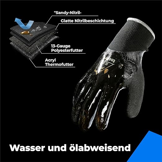 toolant Waterproof Gloves for Men and Women, Freezer Gloves with Grip, Double Nitrile Dipped for Extreme Oil Repellent, for Construction, Mechanics, Mining, Plumbing, Black, XX-Large