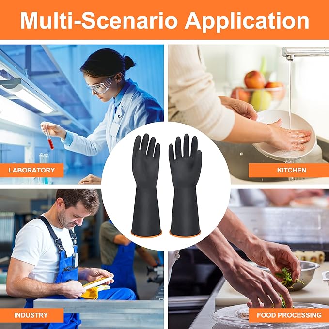 14" XL Size Latex Chemical Resistant Gloves, Reusable Heavy Duty Long Rubber Gloves Dishwashing Glove, Industrial Safety Gloves for Men, Forearm Protection Waterproof Resist Strong Acid, Alkali, Oil