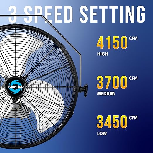 Tornado - 18 Inch High Velocity Industrial Wall Fan with TEAO Enclosure Motor - 4000 CFM - 3 Speed - 6.5 FT Cord - Industrial, Commercial, Residential Use - UL Safety Listed