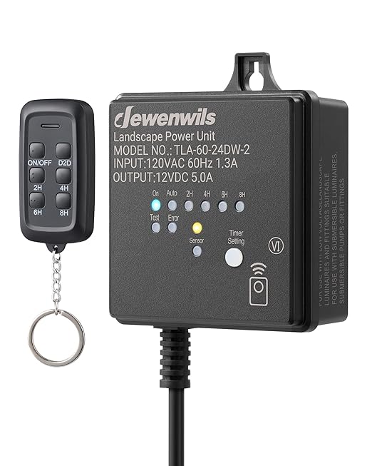 DEWENWILS 60W Low Voltage Landscape Transformer with Remote Control, 120V AC to 12V DC, Dusk to Dawn & Timer, Outdoor Low Voltage Transformer for Spotlight, Garden Light, Pathway Light