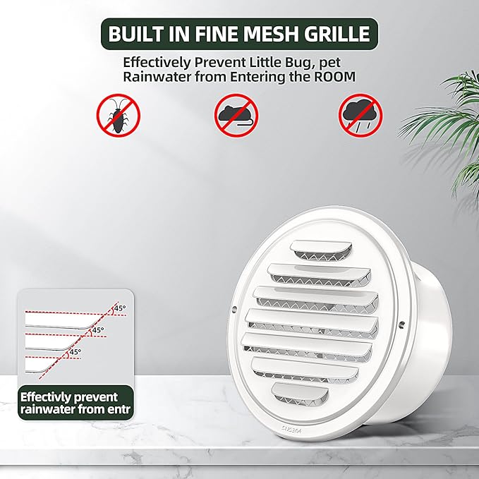 White 304 Stainless Steel Air Vents Cover, piiyoosnn Louvered Grille Cover Vent Flat Ducting Air Vent Wall Inlet with Built-in a Fly Screen Mesh for HVAC Ventilation (6 inch (150mm) White Paint)
