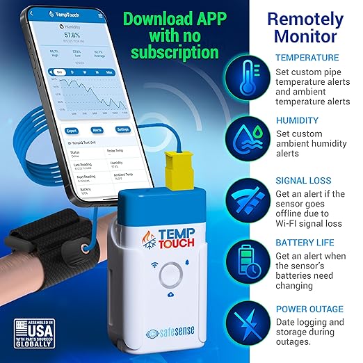 TempTouch WiFi Clamp Temperature and Humidity Sensor, Smart Thermometer for Plumbing and HVAC, App-Controlled Wireless with Velcro Strap