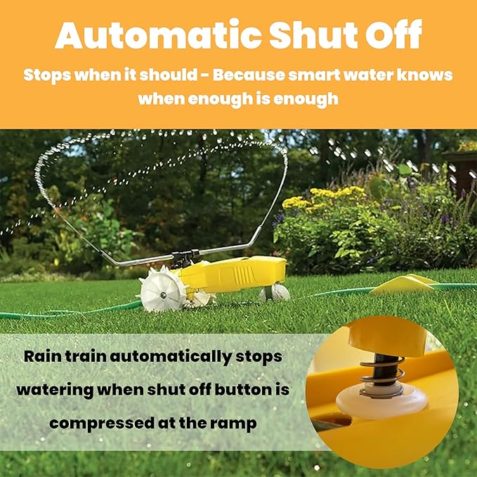 Nelson Rain Train 13,500 Square Feet Cast Iron Outdoor Lawn Traveling Water Sprinkler for Yard, and Garden, with Auto Shut Off, Yellow