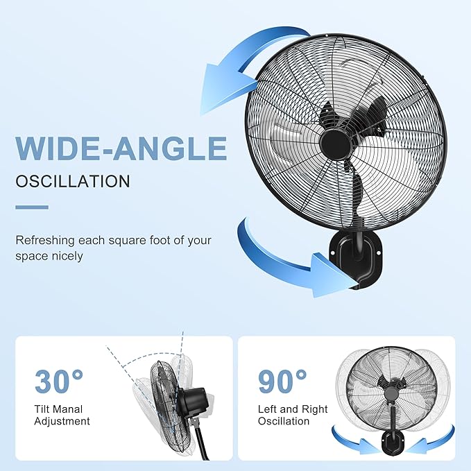 MEPTY 18" Wall Mount Fan, Heavy Duty Industrial Wall Fan, High Velocity Oscillating Fans with 3 Speeds for Patio, Shop, Greenhouse, Garage, Commercial, Household use