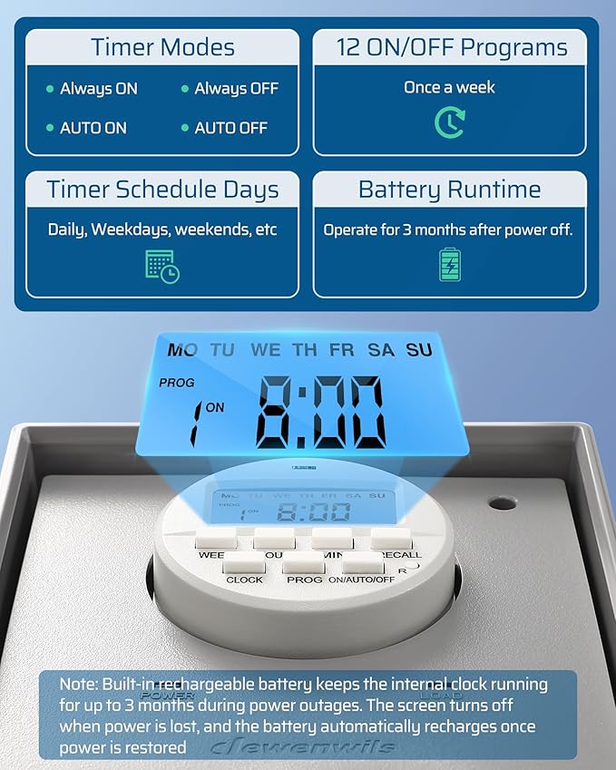 DEWENWILS Pool Pump Timer, Digital Timer Box, 2HP 40A 120-277 VAC, 7-Day 20 ON/Off Programmable Timer Switch for Water Heater, Pool Pump, SPA, Motor, ETL Listed Gray