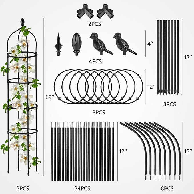 2 Pcs Garden Obelisk Trellis for Climbing Plants Outdoor 6 Ft Rose Bush Round Trellis for Pots Rustproof Metal Pipe with Plastic Coated Plant Flower Trellises for Clematis Vine Jasmine Support