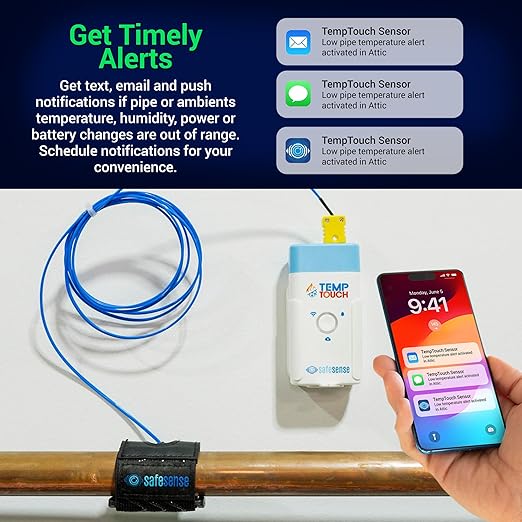 TempTouch WiFi Clamp Temperature and Humidity Sensor, Smart Thermometer for Plumbing and HVAC, App-Controlled Wireless with Velcro Strap