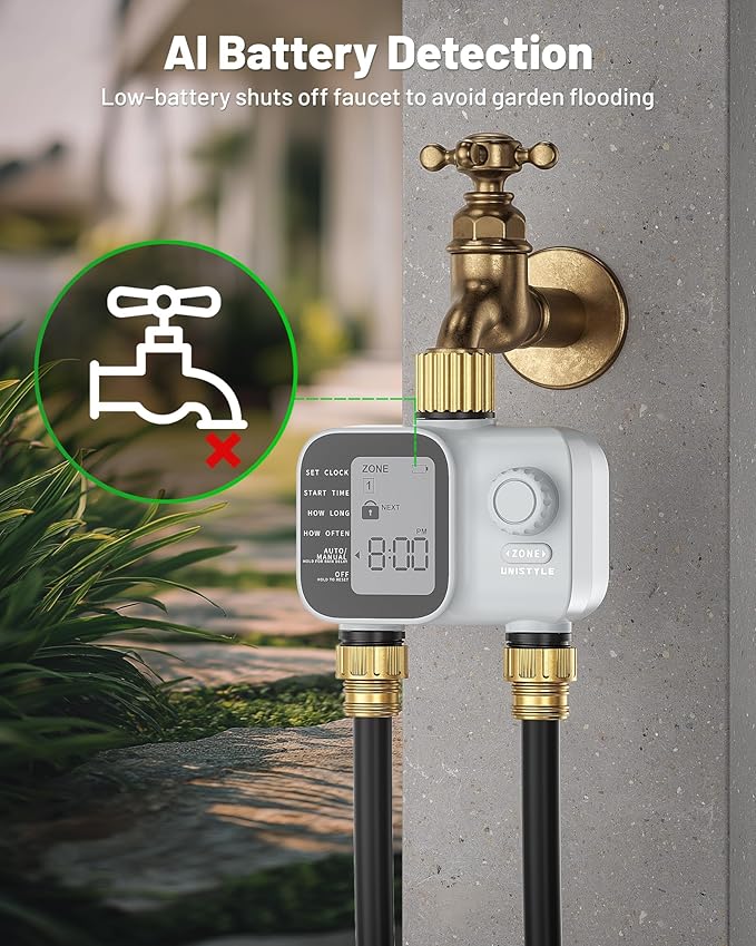 [All-New 2027] Heavy Duty Sprinkler Timer 2 Zone with Brass Inlet, Unistyle Water Timer for Garden Hose with Rain Delay and Manual Water/Automatic Irrigation, Hose Timers Yard Lawn Patio
