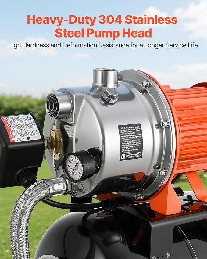 VEVOR 1.6 HP Shallow Well Pump with Pressure Tank, 120V 1320 GPH, Stainless Steel Irrigation Jet Pump with 5-Gal Pressure Tank, Automatic Water Booster System, for Home Garden Lawn, Potable Water