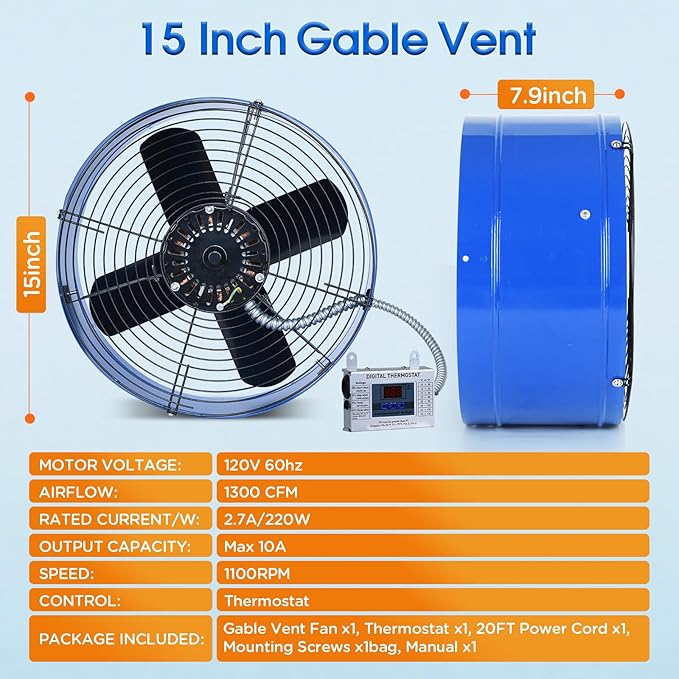 15" Attic Exhaust Fan with Thermostat - 1300CFM Gable Vent Fan with Thermostat Covers 1850 Sq.ft, Plug-and-Play Gable Attic Fans with 20FT Power Cord & 60Hz Motor Low Noise for Home Garage Shed