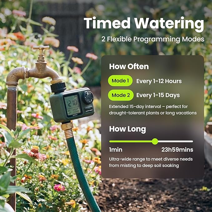 Sprinkler Timer for Garden Hose, Programmable 1 or 2 Outlet Controller with Self-Cleaning Valve, 15-Day Frequency, Large Dial, Rain Delay & Auto-Off, IPX5