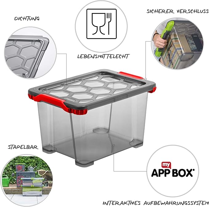 Rotho, Evo Total Protection, storage box 15 l with lid, Plastic (PP) BPA anthracite/red, 15l (39,3 x 28,3 x 23,0 cm)