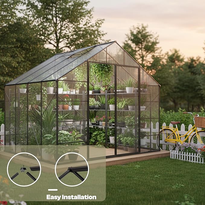 Kingdura 8x8ft Walk-in Greenhouse for Outdoors, Large Polycarbonate Greenhouses with Heavy Duty Aluminum Frame, Adjustable Roof Vent, Lockable Door, UV Protection for Outside Garden Backyard