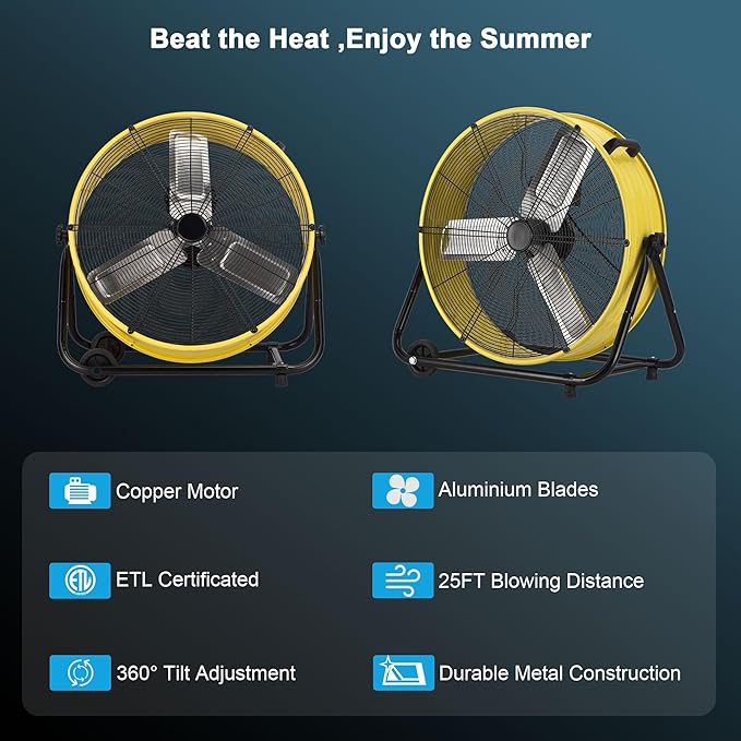 24 Inch Industrial Drum Fan, 8800 CFM High Velocity floor Fan, Heavy Duty, 3-Speed, 360° Fully Adjustable Tilt, Portable Wheels & Handle for Commercial, Warehouse, Garage, Workshop, Gym-ETL Certified