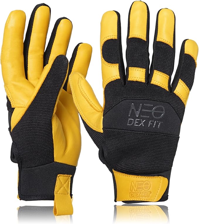 DEX FIT MG210P Mechanic Work Gloves, Waterproof Cowhide Leather Palm, Breathable Mesh Back, 3D Ergonomic Fit for Auto Repair, Construction, Gardening; Gold/Black L 1 Pair
