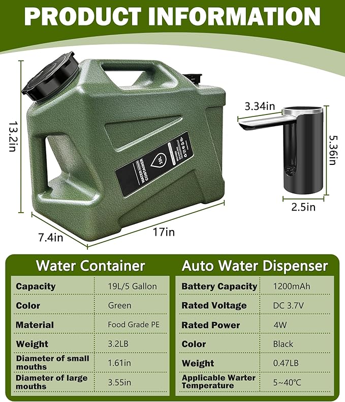 5 Gallon Water Jug with Electric Water Dispenser,BPA Free Leak Proof Camping Water Pump,Type-C Rechargeable Portable Water Container with Spigot for Outdoor Camping, Hiking, Emergency Water Storage