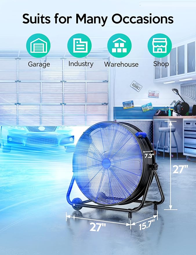 VAGKRI 24 Inch Industrial Drum Fan, 320W High Velocity Floor Fan, 3 Speed Heavy Duty Metal Air Circulator, 360° Tilt with Casters Handle ETL Standard for Patios, Warehouse, Commercial,Basement (Blue)