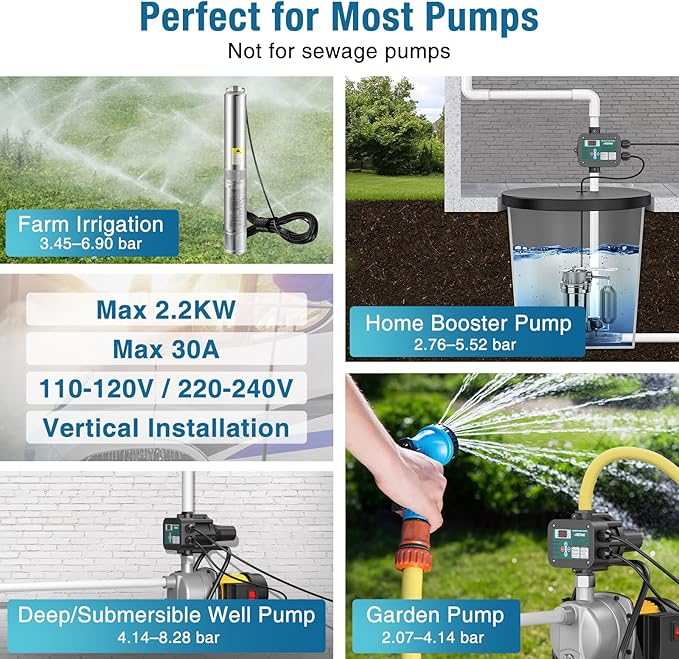 Smart Adjustable Pressure Switch for Well Pump, Automatic Water Pumps Switch, Dry-running Protection for Submersible/Shallow Well/Garden/Jet/Self-priming Pump, Power&Pump Cable Included, NPT1"&G1"