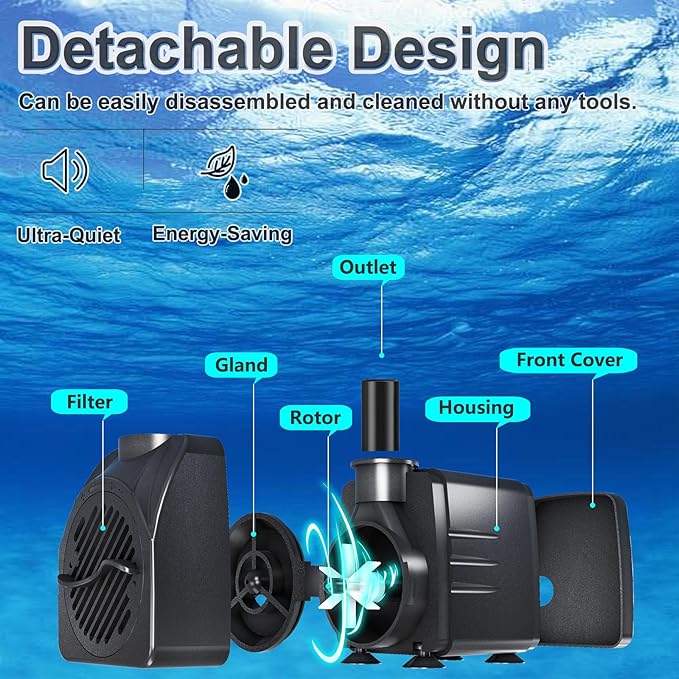SongLong 200GPH(750L/H) 9.9ft Power Cord Submersible Pump, Water Fountain Pump with 5.3ft Lift for Ponds, Water Fountains, Aquariums & Hydroponics.