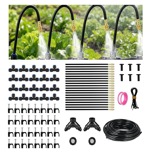 230FT Drip Irrigation System for Garden: 40 Nozzles 1/4" PE Tubing Automatic Watering Kit Adjustable Misting Sprinkler Mister Hose for Water Plants Tape Raised Beds Lawn Outdoor Yard Greenhouse