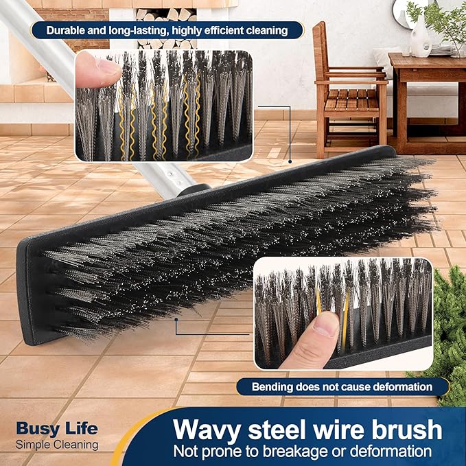 Yocada Stainless Steel Wire Scrub Brush with 65" Long Handle Heavy Duty Outdoor Wire Metal Brush Scrubber Broom for Deck Crack Patio Pavement Sidewalk Driveway Moss Remover