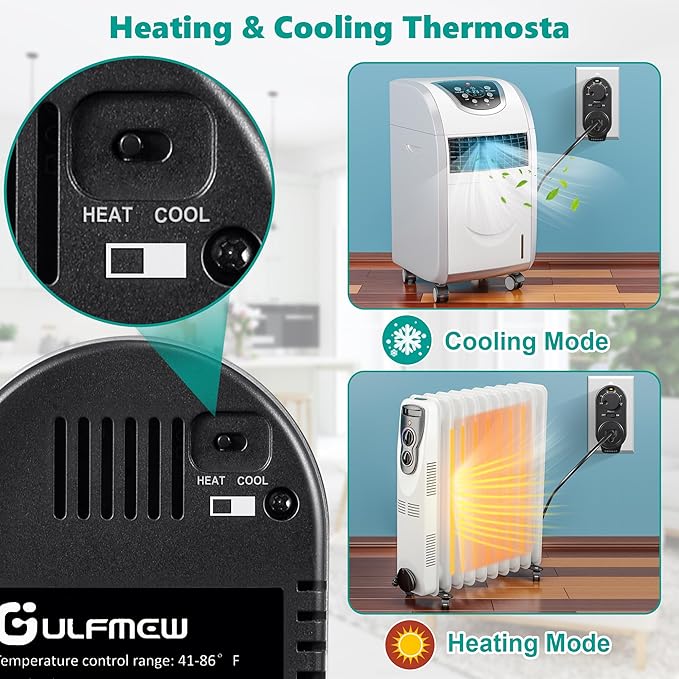 Adjustable Thermostat, Plug in Heating and Cooling Thermostat Controlled Outlet, Compatible with Portable AC, Fans and Space Heaters (1 Pack,Black)
