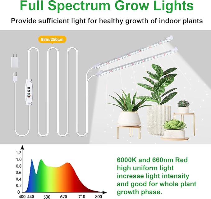 2 Head 13" Growing Lamp for Indoor Plants, Red & White Full Spectrum LED Grow Light Strips with Auto ON/Off, 3/9/12H Timer,10 Dimmable Levels for Green House Seedlings