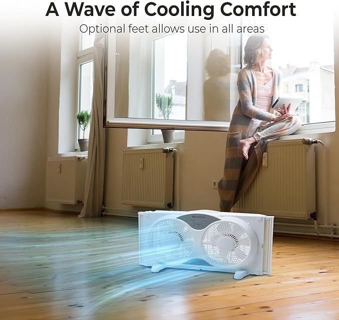 Comfort Zone Window Fan for Bedroom, 9 inch 3 Speed Dual Fans with Auto-Locking Expanders, 3 Modes (Cool, Circulate, Exhaust), Remote Control, Fabric Cover plus Bug Screen, White