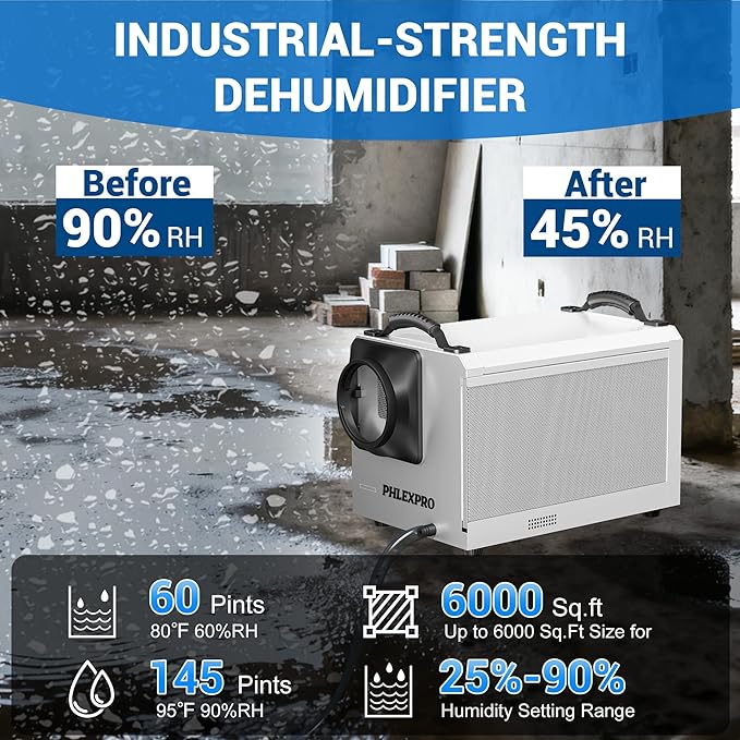 145 Pint Commercial Dehumidifier with Drain Hose for Crawl Spaces, Basements, Industry Water Damage Unit Restoration for up to 6000 Sq.Ft, Auto Defrost, Memory Starting(Gift Directional Wheels)