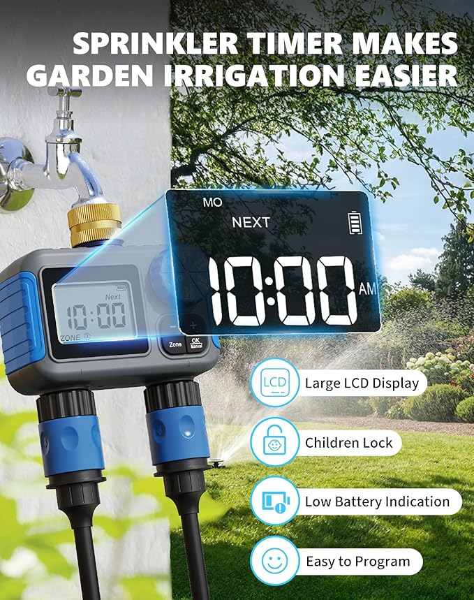 Sprinkler Timer with Brass Swivel, 2 Zone Hose Timers for Watering, Digital Irrigation Timer with Rain Delay & Manual Mode, Automatic Watering System for Outdoor Garden Lawn Yard