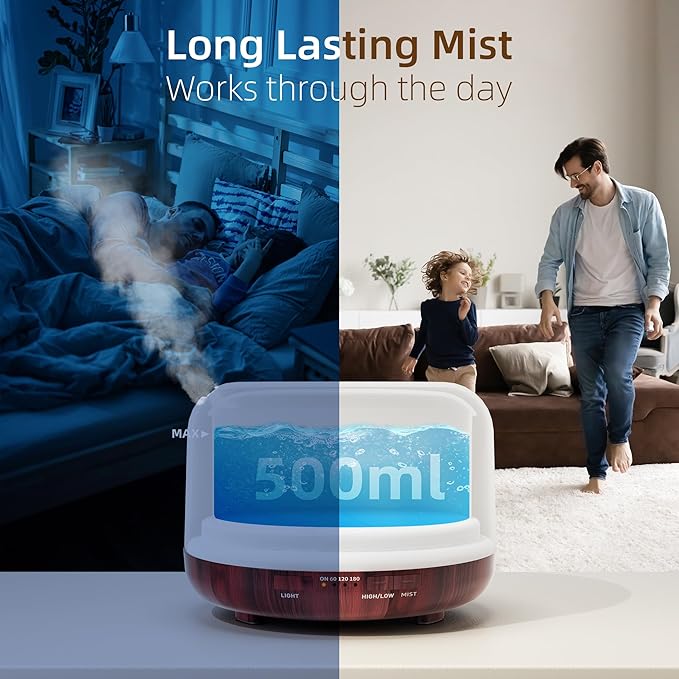 ASAKUKI Essential Oil Diffuser for Home, 500ML Aromatherapy Diffuser Humidifier with Remote Control, 7 Color LED Lights, Quiet Cool Mist Diffuser for Bedroom, Office, Gift for Mom (Reddish-Brown)