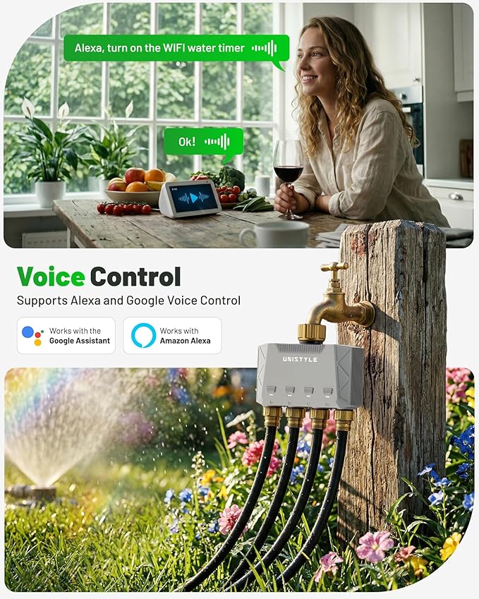 [All-New 2027] 1700FT WiFi 4 Zone Water Timer for Garden Hose with Brass Inlet, Unistyle Smart Sprinkler Controller Compatible Alexa & Google Voice, WiFi Hose Timer, Auto Manual Modes for Garden Lawn
