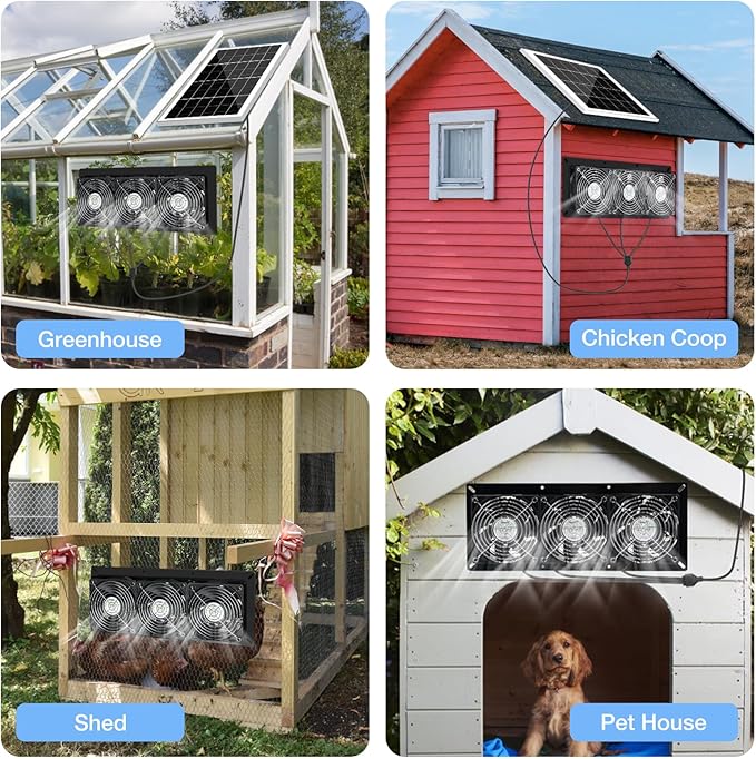 Fanspex Solar 3 Fan Kit, Waterproofed Solar Powered Fans for Outdoor Chicken Coop, Greenhouse & Shed Intake or Exhaust Air
