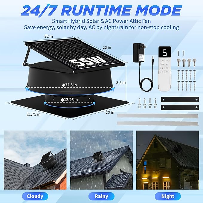 55W Solar Attic Fan with Thermostat, 12" 1200CFM Hybrid Solar Roof Vent Fan, Brushless Waterproof Solar Powered Attic Exhaust Fan Auto On/Off for Roof, Attic, Garage, Shed, Greenhouse