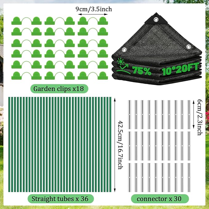 10 X 20FT 75% Garden Shade Cloth with Hoops,Plant Shade Cloth Garden Greenhouse Grow Tunnel for Heat Protection,Raised Bed Row Cover Black Netting Tarp for Outdoor Outside Patio Chicken Coops