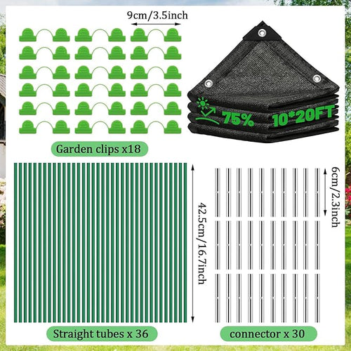 10 X 20FT 75% Garden Shade Cloth with Hoops,Plant Shade Cloth Garden Greenhouse Grow Tunnel for Heat Protection,Raised Bed Row Cover Black Netting Tarp for Outdoor Outside Patio Chicken Coops