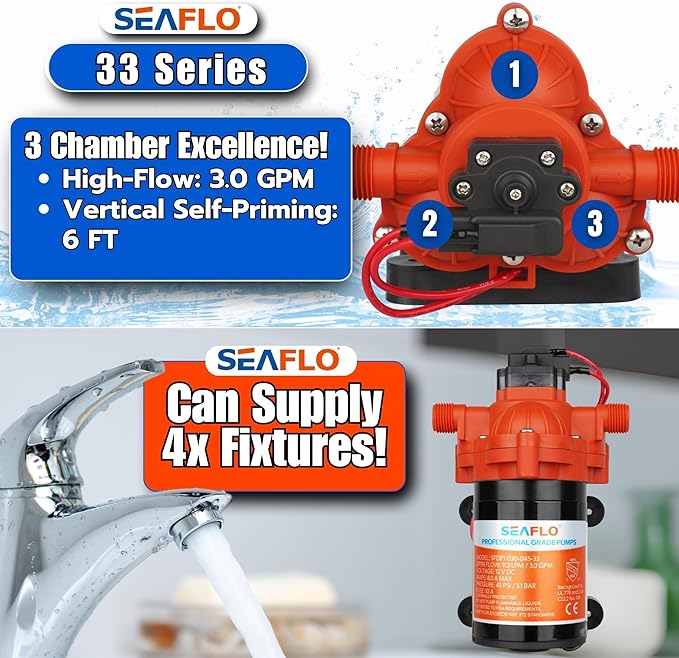SEAFLO 33 Series DC Diaphragm Pump – 4-Year Warranty! 12V, 3.0 GPM, 45 PSI, Self-Priming, Run Dry Safe, Built-In Pressure Switch | Ideal for Marine, RV, and Water Systems