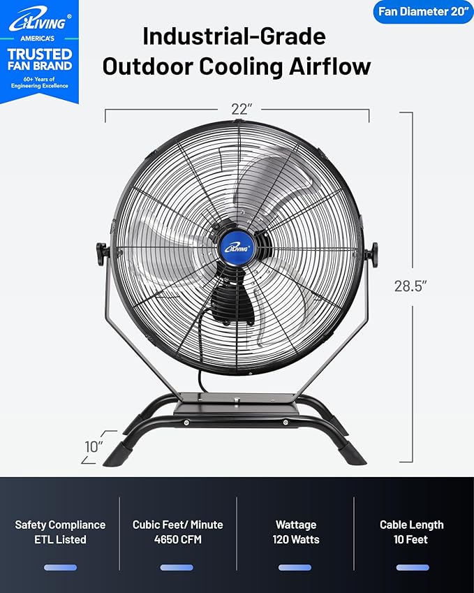 iLiving Wall Mounted/Floor Stand Variable 20 Inches Speed Indoor/Outdoor Fan, Industrial grade for Patio, Greenhouse, Garage, Workshop, and Loading Dock, 4650 CFM, Black