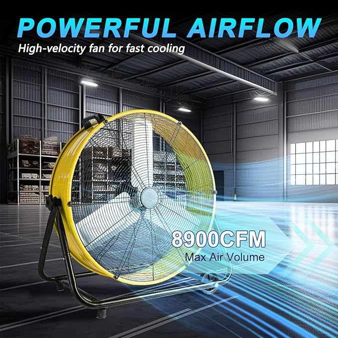 WARMLREC 24" Industrial Floor Fan, 8900 CFM High Velocity Drum Fan with 3 Speeds, Portable Heavy Duty Industrial Fan for Warehouse, Workshop, Factory, Commercial, Residential and Greenhouse Yellow