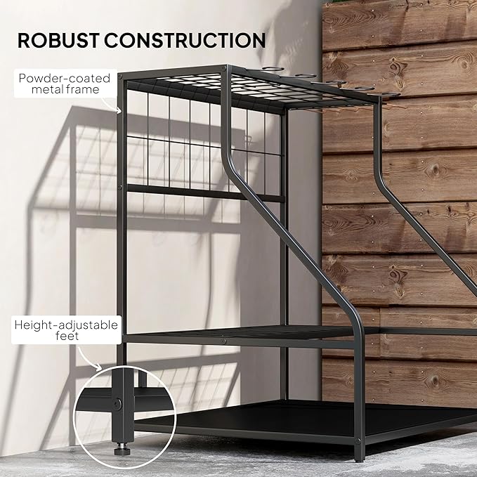 Outsunny Garden Tool Organizer for Garage, 3-Tier Yard Tool Storage Rack with Hooks for Long-Handled, Broom, Shovel, Rake, Metal Garden Tool Storage for Shed, Yard, Garage, Orange