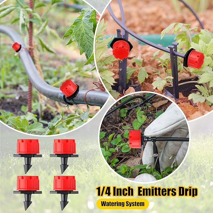 Yaocom 400 Pcs Sprinkler Irrigation Drippers, 1/4 Inch Barbed Drip Emitter, 360 Degree Watering Adjustable Suitable Anti-Clogging Drippers for 4mm/7mm Garden Watering Tubing System (Red)