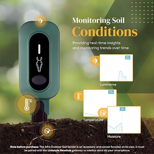 PLANTRON Afra II Smart Soil Moisture Sensor By LINKSTYLE — 3-in-1 Soil Moisture, Temperature and Luminosity Monitoring, IP67 Waterproof, Indoor/Outdoor [Requires Hub to Work]