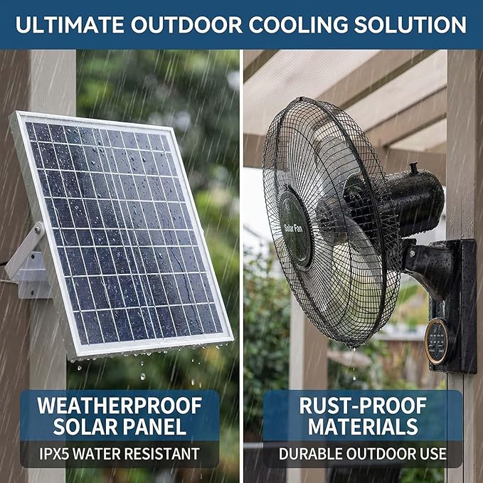Waterproof 16" Outdoor Solar Wall Mount Fan, Heavy Duty Oscillating Fan with Remote & Timer, 3 Speeds Adjustable Tilt Quiet Fan for Greenhouse, Patio, Commercial Use