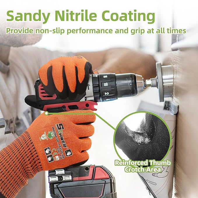 Schwer ProGuard Highest Level Cut Resistant Work Gloves PR3326 for Extreme Protection，ANSI A9 Cut Gloves with Reinforced Thumb, Non Slip, Durable, Touch-screen, Orange 2 Pairs（L）