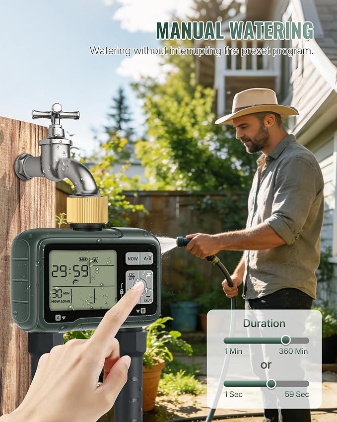 2 Zone Brass Sprinkler Timer, Garden Hose Timer, Automatic Irrigation System, Programmable Faucet, 2 Outlets, with Rain Delay, Manual Mode,Child Lock, for Yard, Garden, Lawn, Green E12WT06