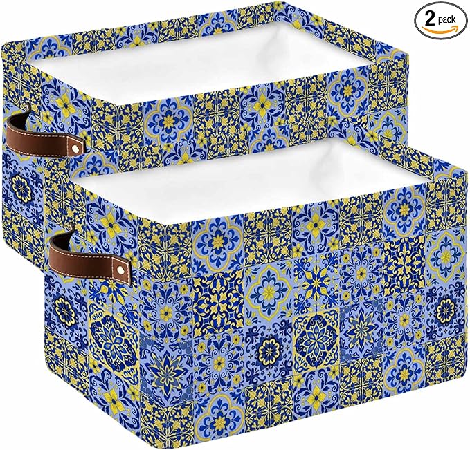 Vintage Boho Storage Bins Cubes Waterproof Cloth Storage Basket,Middle Century Bohemia Style Patchwork Blue Foldable Storage Bags for Shelf Clothes Storages Organizers with Handles 15x11x9.5 in 2PCS